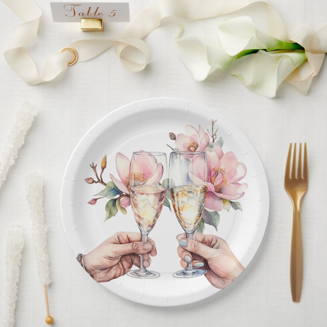 Magnolias and Champagne Glasses Wedding Paper Plate (Wedding)