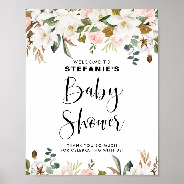 Magnolias and Cotton Garland Baby Shower Welcome Poster (Front)