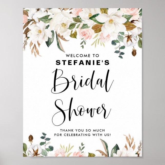Magnolias and Cotton Garland Bridal Shower Welcome Poster (Front)