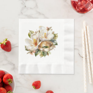 Magnolias and Gold Wedding Rings Wedding Napkin