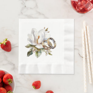 Magnolias and Gold Wedding Rings Wedding Napkin