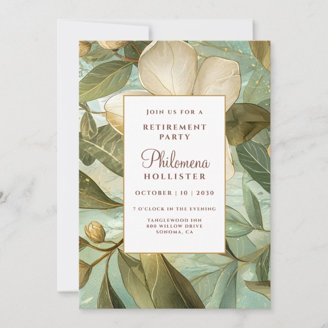 Magnolias Botanical Gold Green Floral Retirement  Invitation (Front)