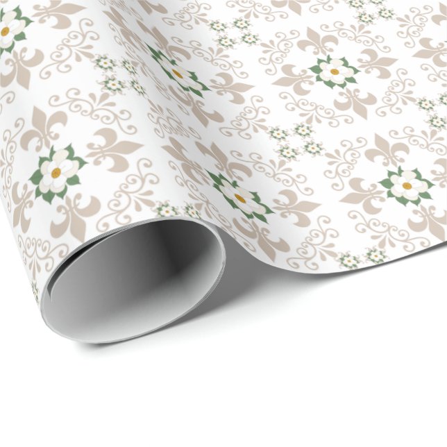 Magnolias | Fleur de Lis Pattern - Greige | White Wrapping Paper (Roll Corner)