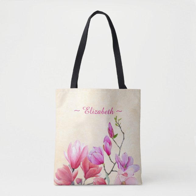 Magnolia's in Pink Watercolor on Cream Tote Bag (Front)