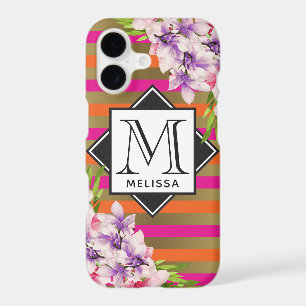 Magnolias on Pink & Faux Gold Stripes Monogram