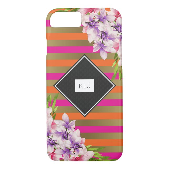 Magnolias on Pink & Faux Gold Stripes Monogram Case-Mate iPhone Case (Back)
