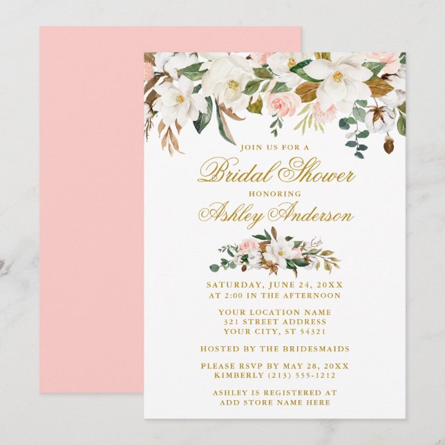 Magnolias Roses Gold Pink Elegant Bridal Shower Invitation (Front/Back)