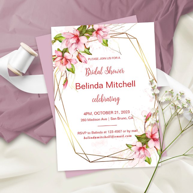 Magnolias with Faux Gold Foil Frame Bridal Shower Invitation (Creator Uploaded)
