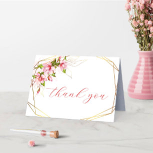 Magnolias with Faux Gold Foil Frame Rustic Wedding Thank You Card