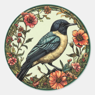 🐦 Magpie Bird Floral Nature Decor Gift 🐦 Classic Round Sticker