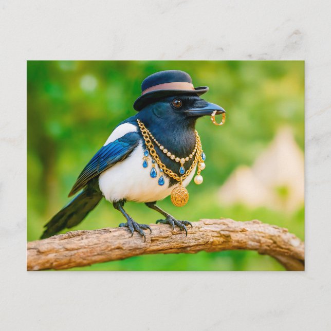 Magpie Covered in Jewellery and Gems Holiday Postcard (Front)