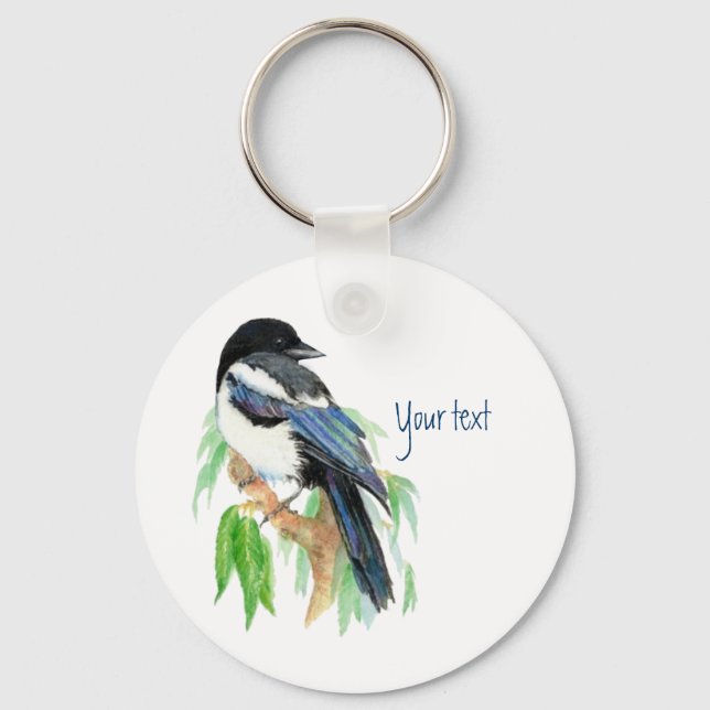 Magpie in Willow Tree, Bird, Garden to Customise Key Ring (Front)