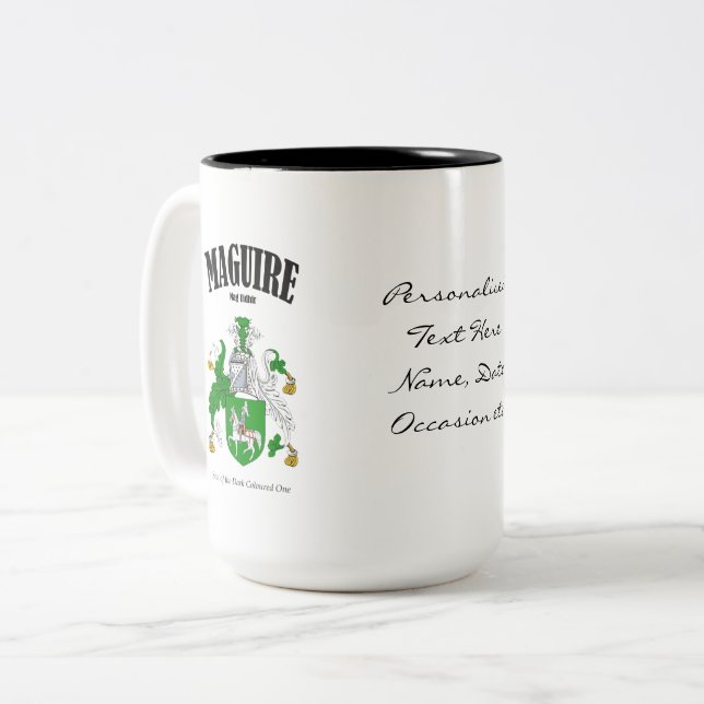 Maguire Family Crest, Translation & Meaning Two-Tone Coffee Mug (Front Left)