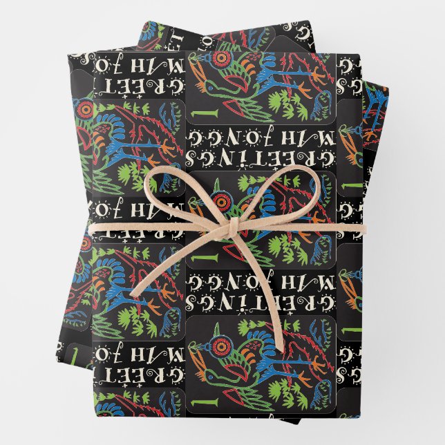 Mah Jongg Bird Greetings Wrapping Paper (In situ)
