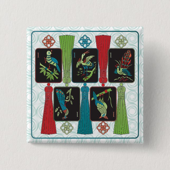 Mah Jongg Bird Tassels Button (Front)