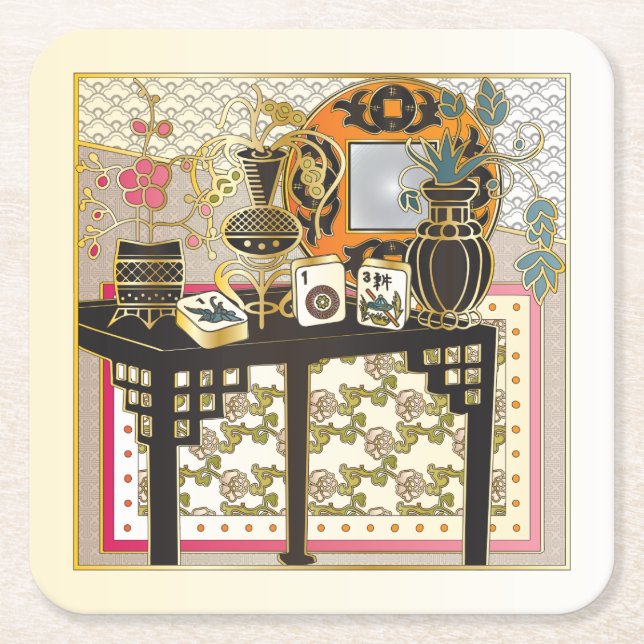 Mah Jongg Table Square Paper Coaster (Front)