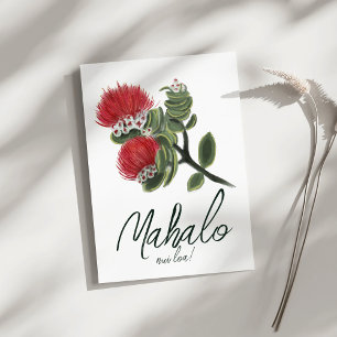 Mahalo Hawaiian Red Lehua Flower Watercolor Thank You Card
