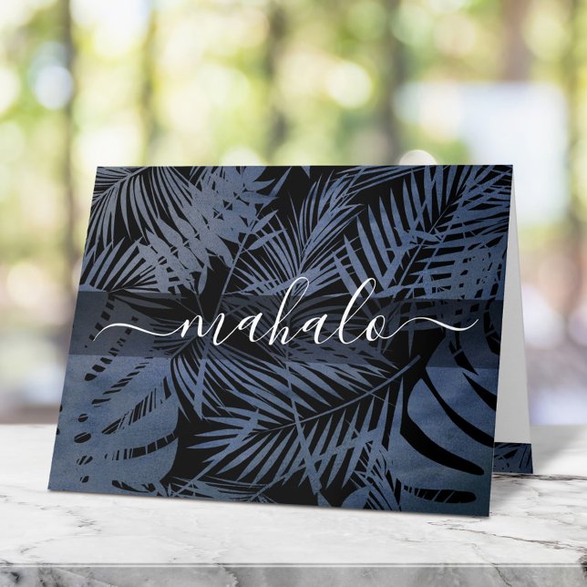 Mahalo navy tropical palm leaf calligraphy script thank you card (Creator Uploaded)