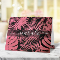 Mahalo pink tropical palm leaf calligraphy script