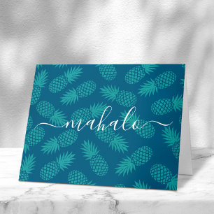 Mahalo teal turquoise tropical pineapple script thank you card