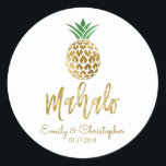 Mahalo Tropical Hawaiian Pineapple Wedding White Classic Round Sticker<br><div class="desc">Mahalo Tropical Hawaiian Pineapple Wedding White Wedding Favour Sticker for a Hawaii Destination Wedding. The name and date can be updated on this sticker.</div>