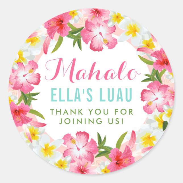 Mahalo Tropical Pink Floral Lei Thank You Classic Round Sticker (Front)