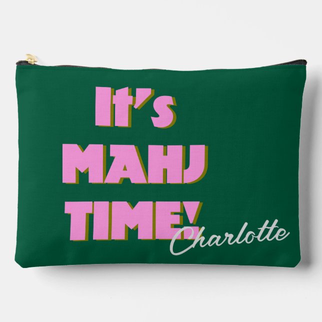 Mahj Mahjong Pink Green Quote Personalized Name Accessory Pouch (Front)