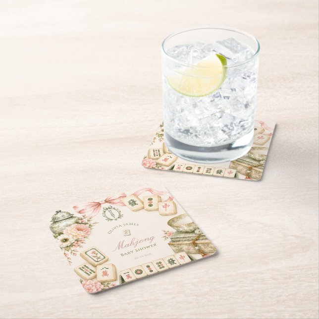 Mahjong baby shower square paper coaster (Insitu)