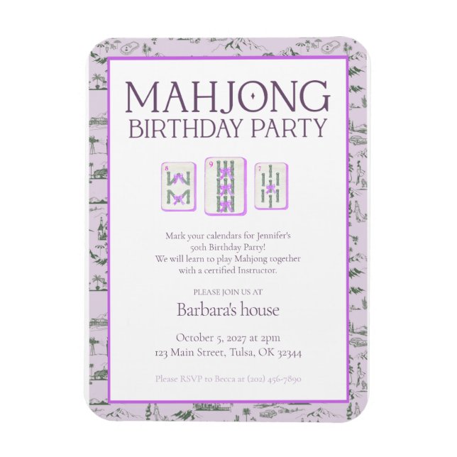 Mahjong Birthday Party Invitation, purple toile Magnet (Vertical)