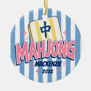 Mahjong Blue Striped Christmas Ceramic Tree Decoration