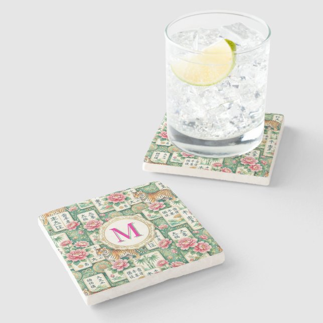 Mahjong Chinoiserie Floral Monogram Personalized  Stone Coaster (Side)