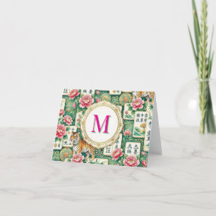 Mahjong Chinoiserie Floral Monogram Personalized Thank You Card