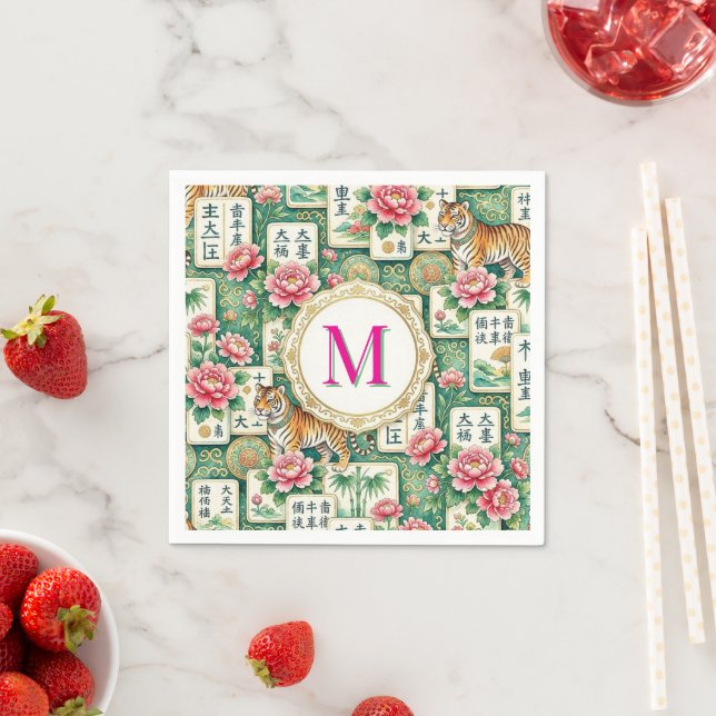 Mahjong Chinoiserie Tiger Monogram Personalized  Napkin (Insitu)