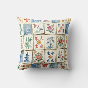 Mahjong Chinoiserie Tiles Watercolor Flowers Birds Cushion