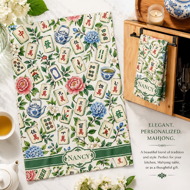 Mahjong Floral Tea Towel Personalised Hostess Gift (Creator Uploaded)