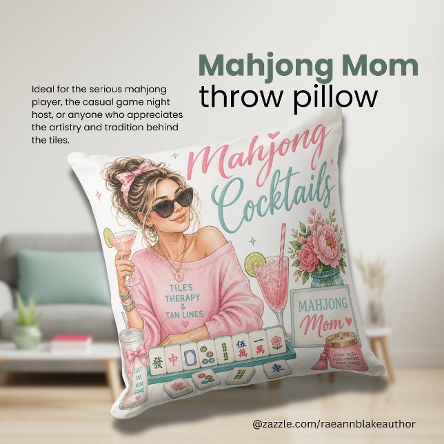 Mahjong Mum Cocktails & Tiles Square Throw Pillow (Creator Uploaded)