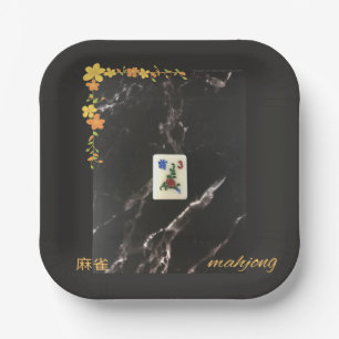 Mahjong paper plate with orange floral design