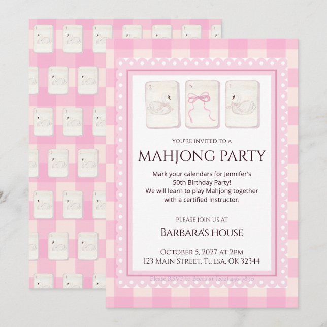 Mahjong Party Invitation, grandmillennial swans Invitation (Front/Back)