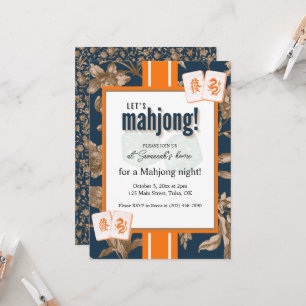 Mahjong Party Invitation, navy gold toile, tiles Invitation