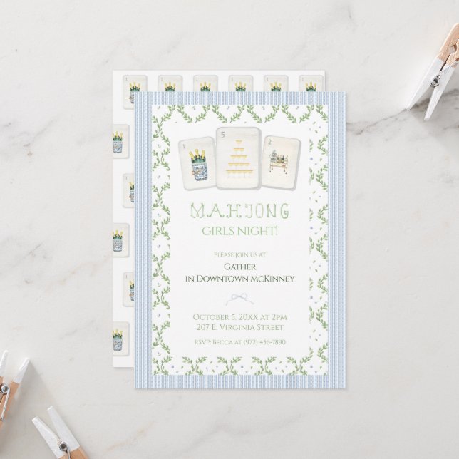 Mahjong Party Invitation, Preppy Champagne  Invitation (Front/Back In Situ)