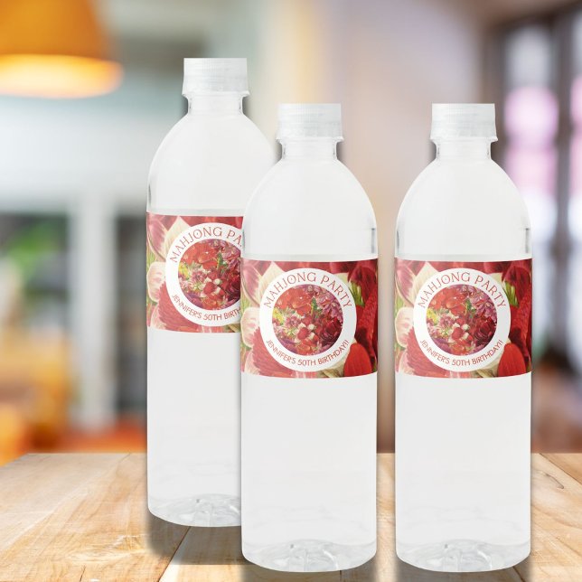 Mahjong Party Rich Bold Floral Custom Water Bottle Label (Creator Uploaded)