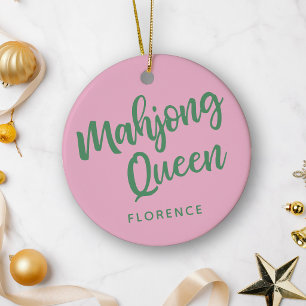 Mahjong Queen Personalised Name Pink and Green Ceramic Tree Decoration