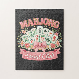 Mahjong Social Club Pink Floral Bow Jigsaw Puzzle