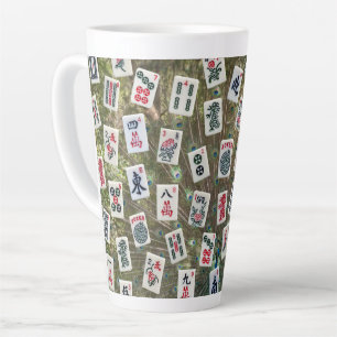 Mahjong symbols on peacock plumage background latte mug