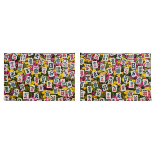 Mahjong symbols on wildflowers background pillowcase
