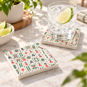 Mahjong Tile Pattern Ivory Red Green Game Night Stone Coaster