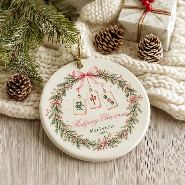 Mahjong Tile Wreath Christmas  Ceramic Tree Decoration (Mahjong Pink Christmas Ornament)