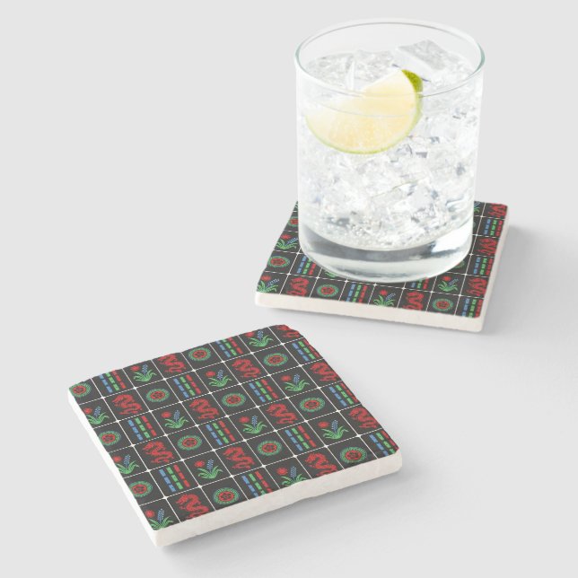 Mahjong Tiles #4 Red Green Blue Black Stone Coaster (Side)