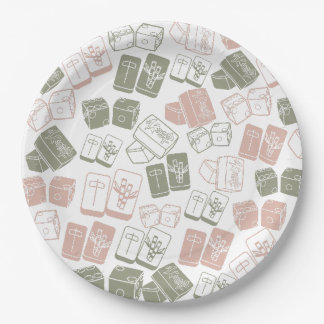 Mahjong tiles and dice in pink and khaki paper plate