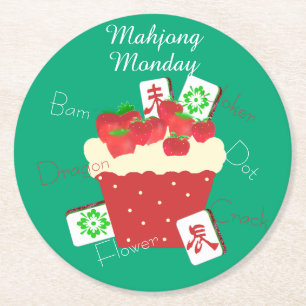 Mahjong Tiles and Strawberry Cupcake Round Paper Coaster